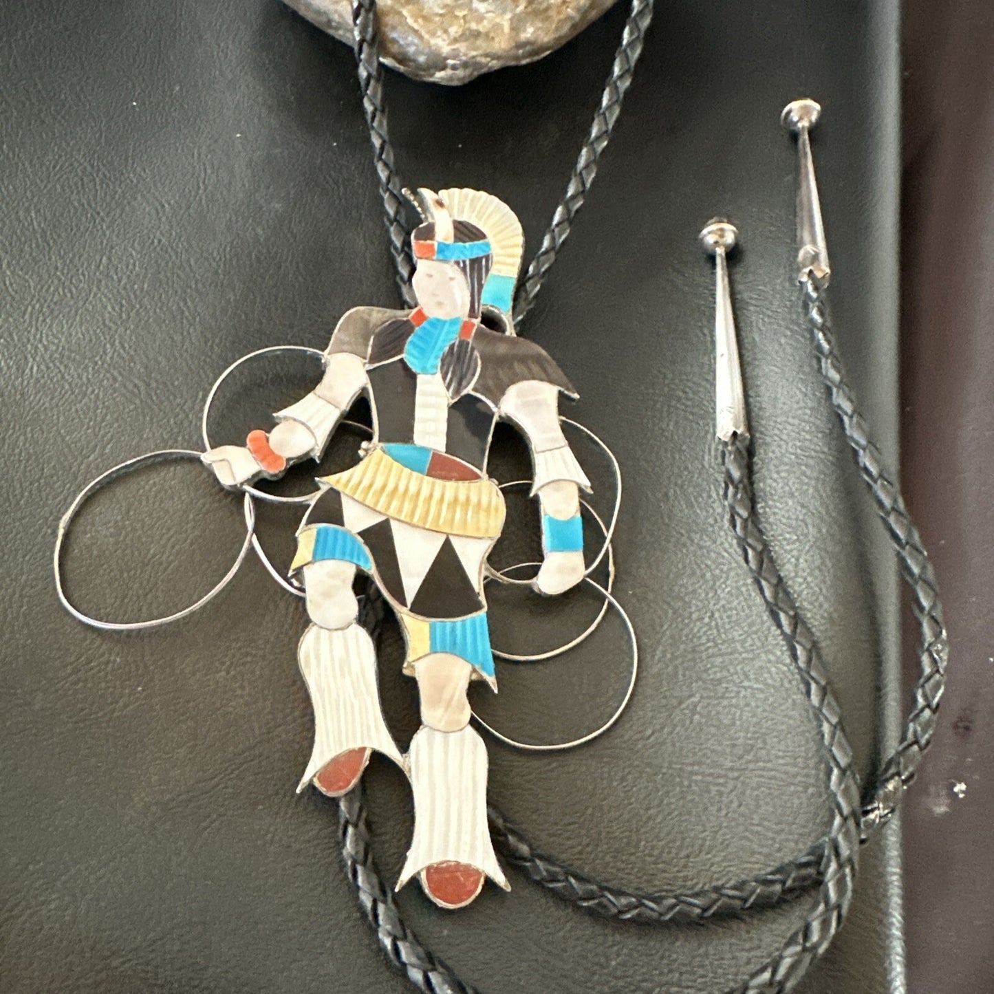 Men Bolo Tie Zuni Hoop Dancer Blue Turquoise Onyx Inlay Sterling Silver 18147