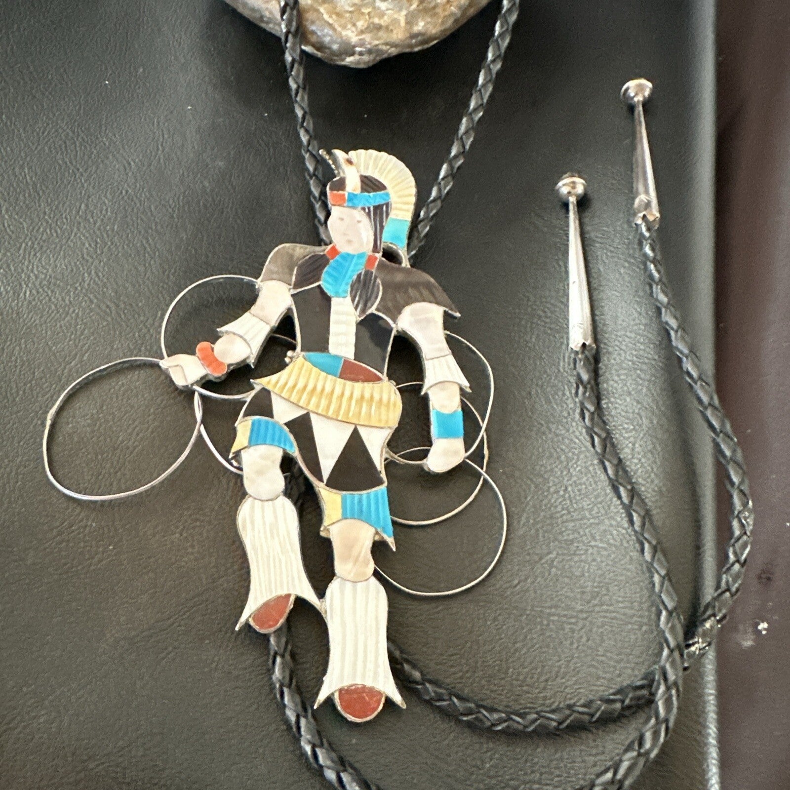 Men Bolo Tie Zuni Hoop Dancer Blue Turquoise Onyx Inlay Sterling Silver 18147