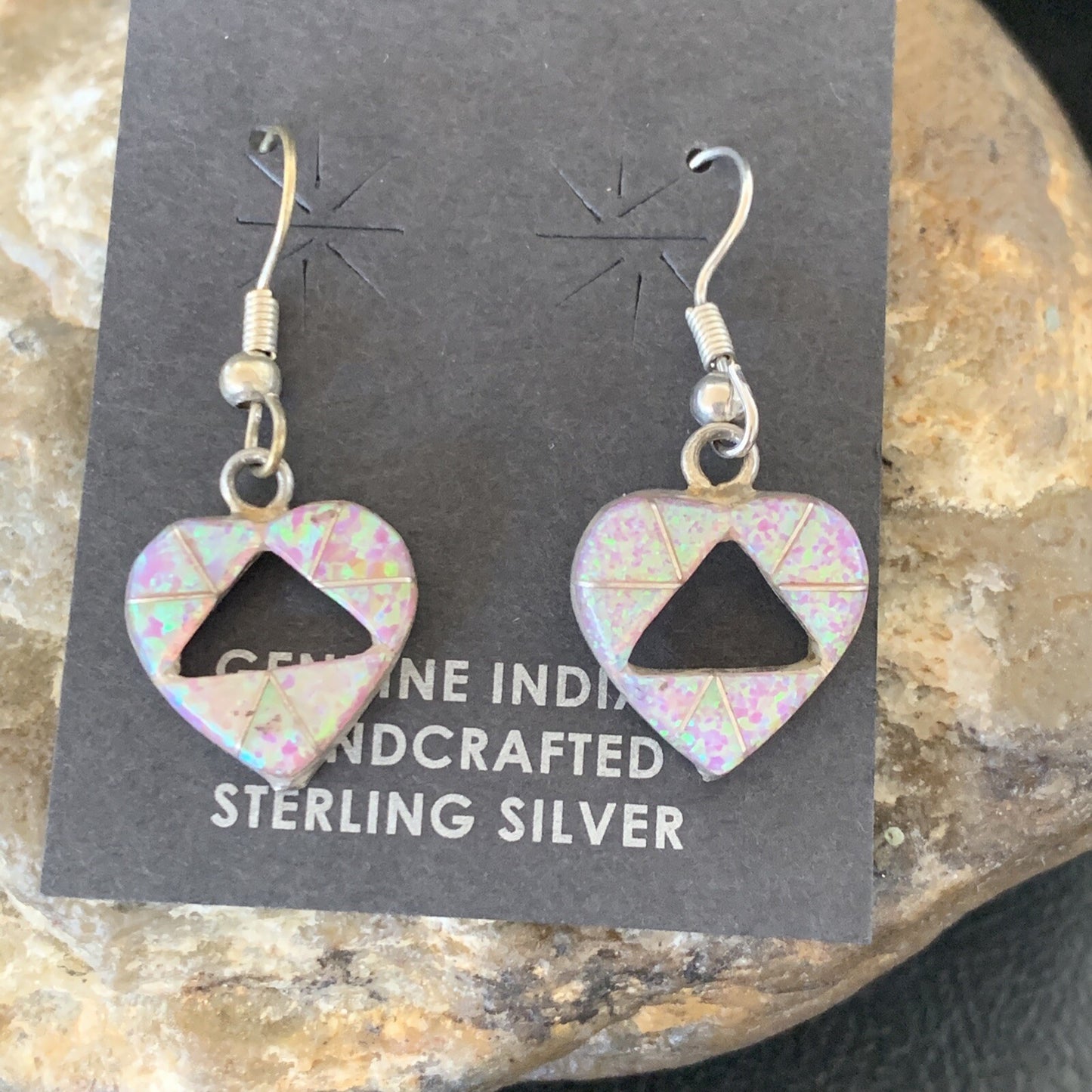 Womens Pink Opal Heart Inlay Navajo Sterling Silver Dangle Drop Earrings 12763