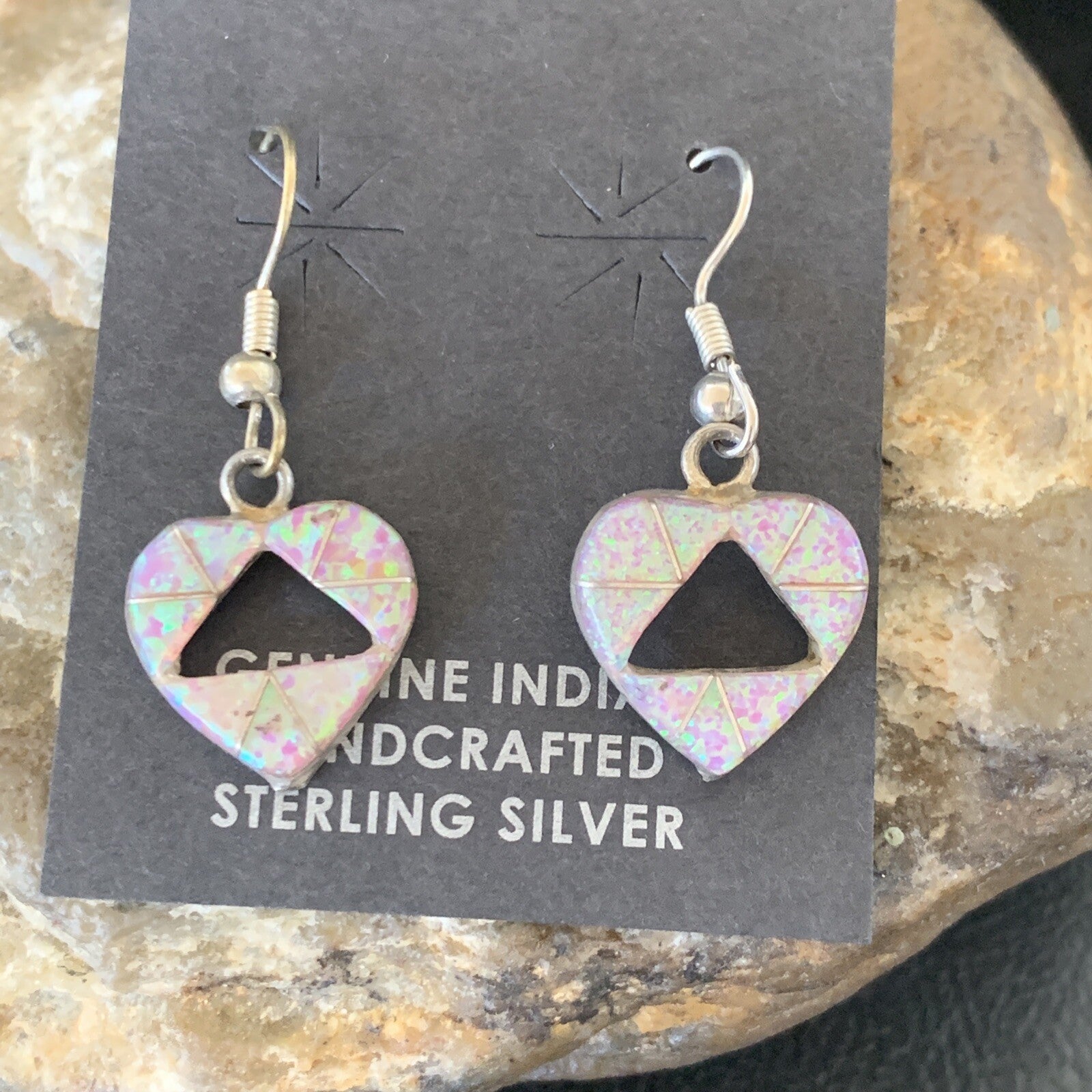 Womens Pink Opal Heart Inlay Navajo Sterling Silver Dangle Drop Earrings 12763