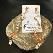 Orange Spiny Oyster Opal Swirl Dangle Earrings 3" | Sterling Silver | Authentic Native American Handmade | 19134