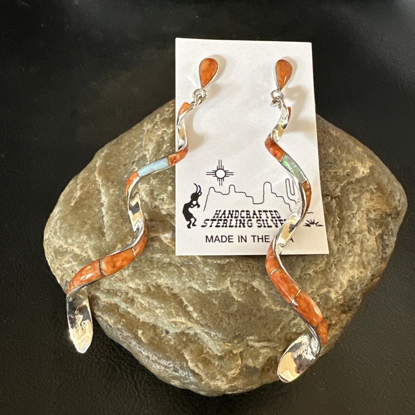 Orange Spiny Oyster Opal Sterling Silver Swirl Dangle Earrings 3" 19134