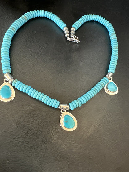 WoMens Blue Kingman Turquoise Pendants Navajo Sterling Silver Necklace 19” 18166