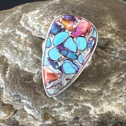 Blue Turquoise Spiny Oyster Navajo Sterling Silver Ring Size 7 18226