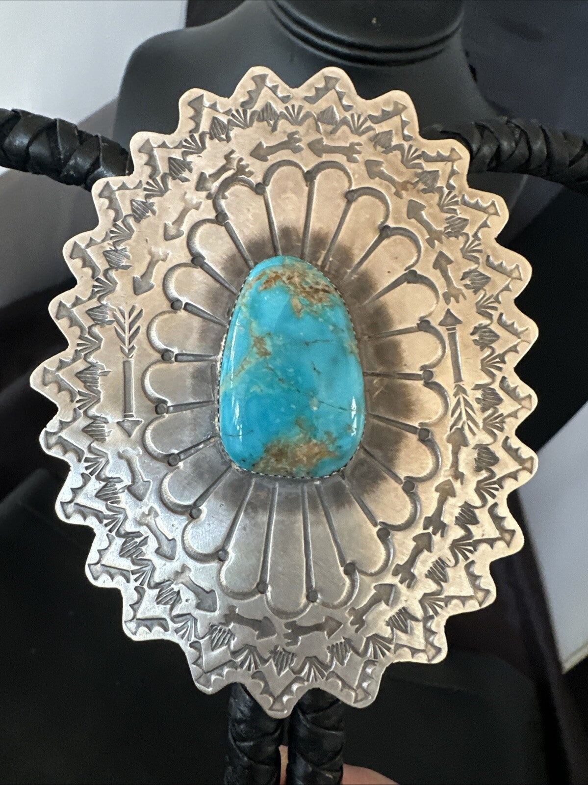 XXL Mens Blue Kingman Turquoise Navajo Sterling Silver Bolo Tie 4" 18689