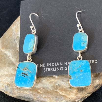 Kingman Turquoise Handmade Navajo Sterling Silver Dangle Earrings 1.5" 13898