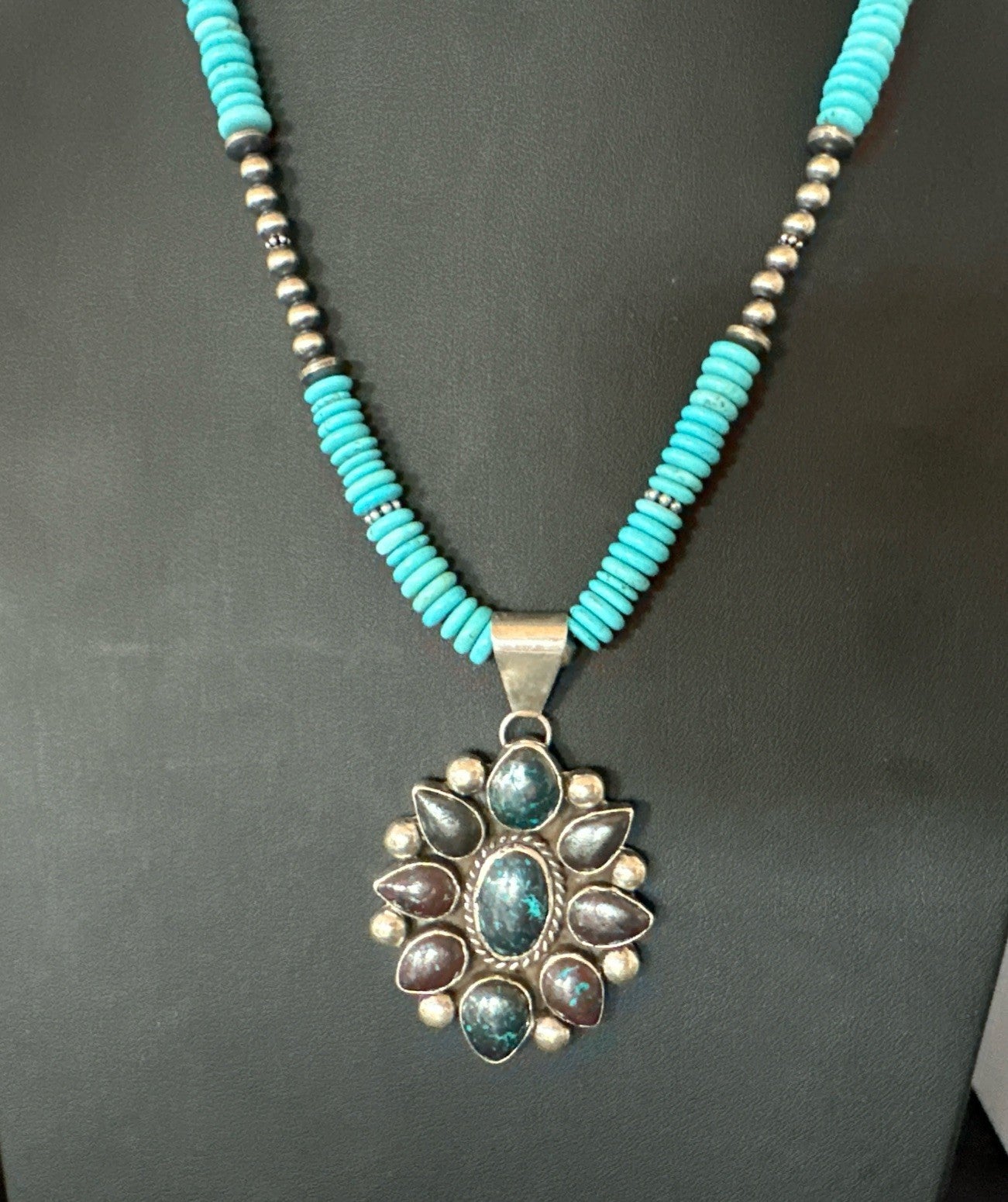 Blue Turquoise Navajo Sterling Silver Cluster Round Pendant Necklace 2”19660