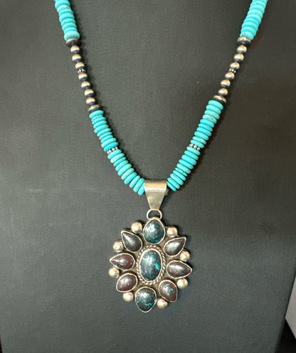 Blue Turquoise Navajo Sterling Silver Cluster Round Pendant Necklace 2”19660