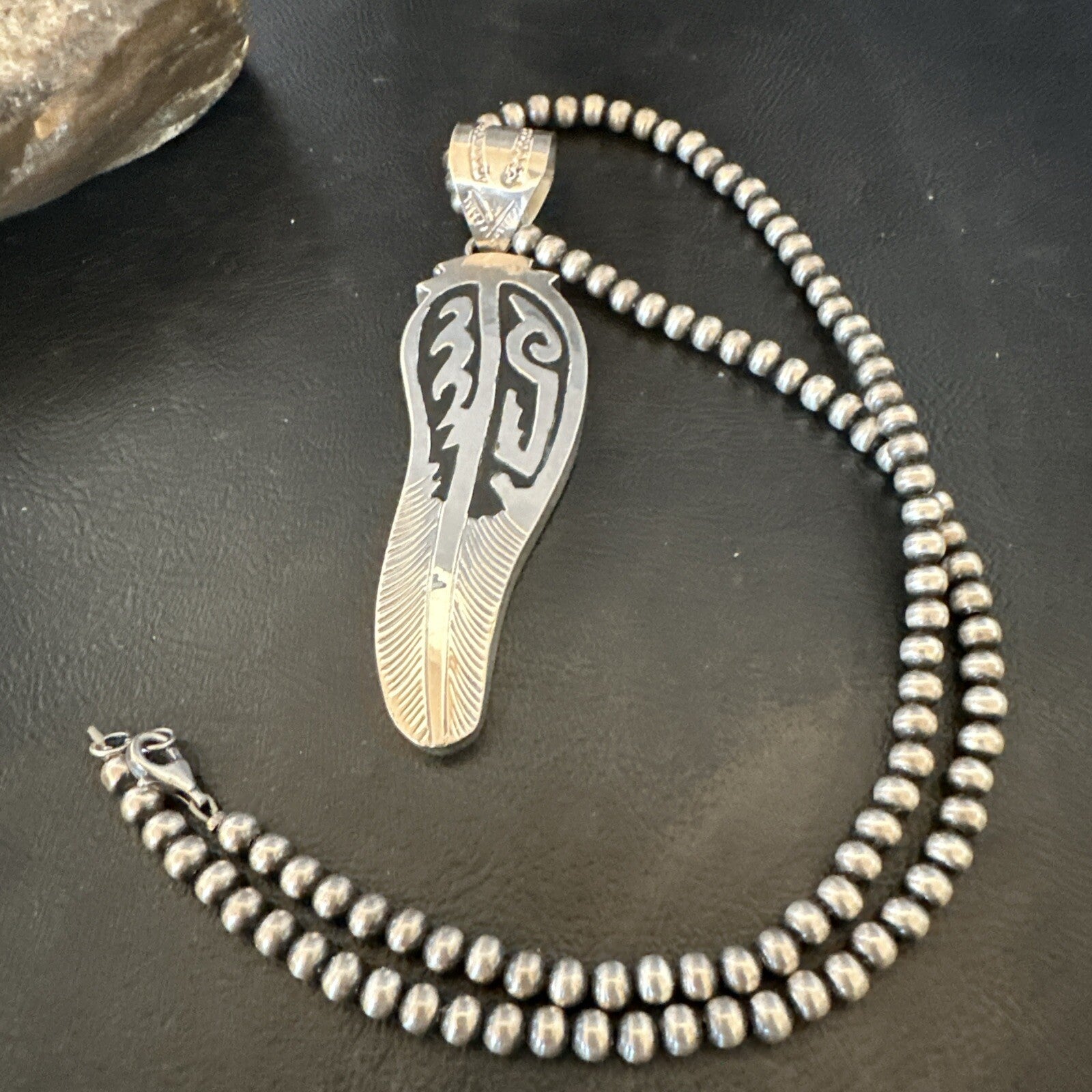 Mens Feather Navajo Sterling Silver Necklace Pendant 18578