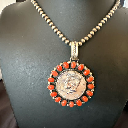 Coin Pendant Red Spiny Oyster Turquoise Navajo Sterling Silver Necklace 17925