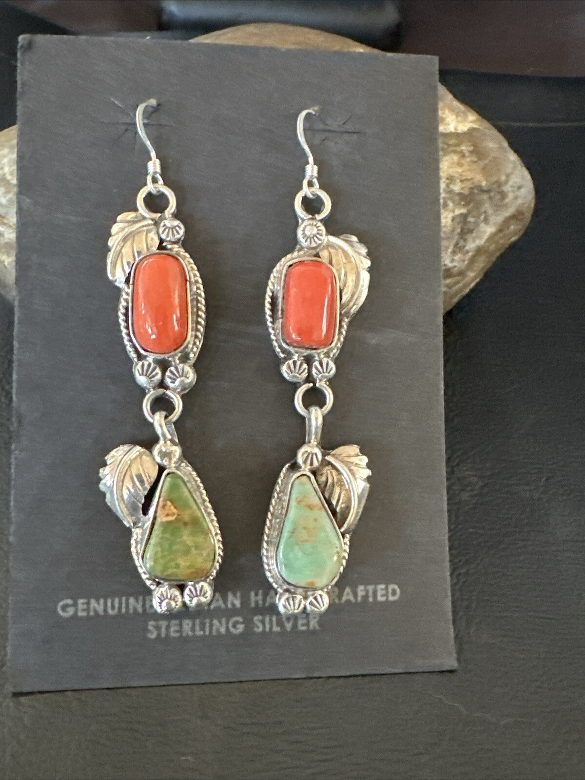Green Royston Turquoise Red Coral Navajo Sterling Silver Dangle Earrings 1634