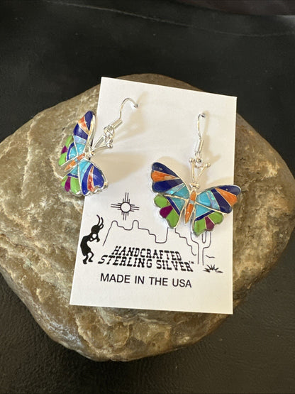 Butterfly Multicolor Spiny Lapis Opal Inlay Sterling Silver Earrings 19141