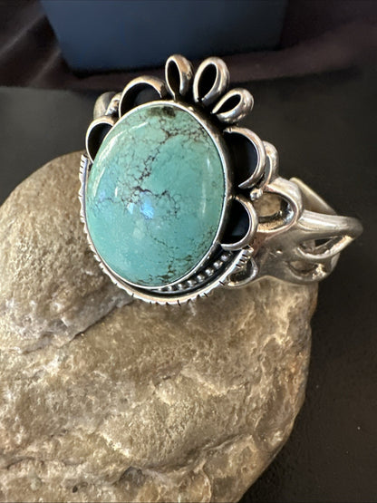 Yazzie Mens Blue Turquoise Navajo Sterling Silver Tufa Cast Cuff Bracelet 19694