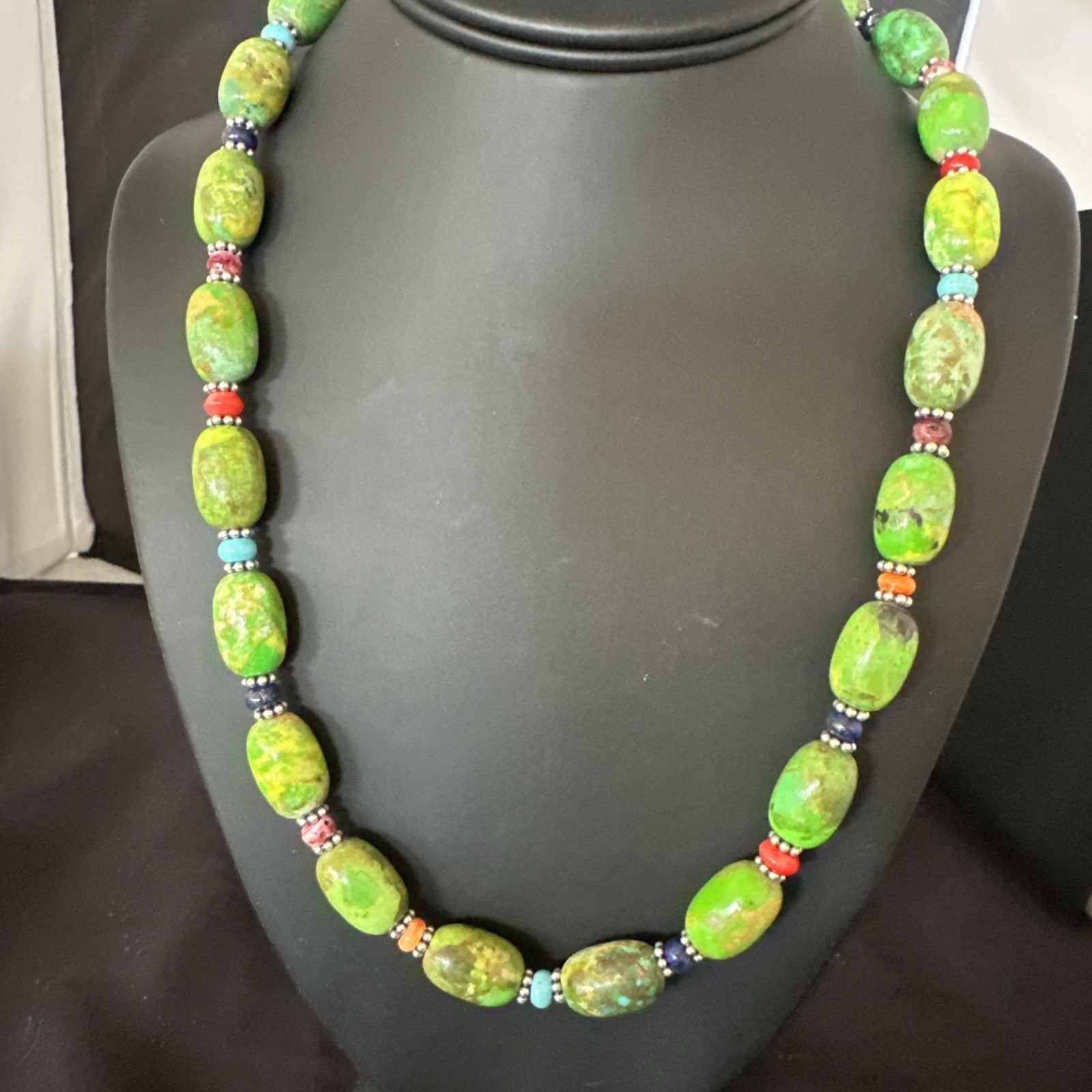 Green Turquoise Multicolor Southwestern Sterling Silver Necklace 22" 19247