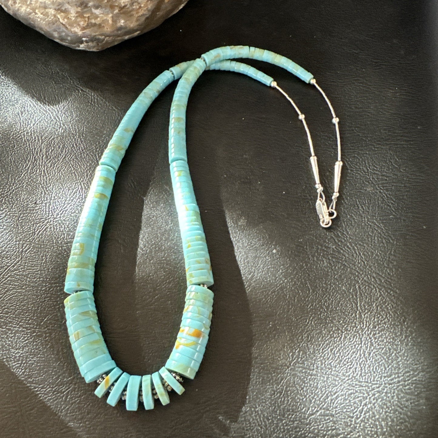 23” Turquoise Heishi Stabilized Graduated Blue Gr Sterling Silver Necklace 19726