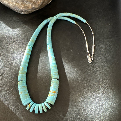 23” Turquoise Heishi Stabilized Graduated Blue Gr Sterling Silver Necklace 19726