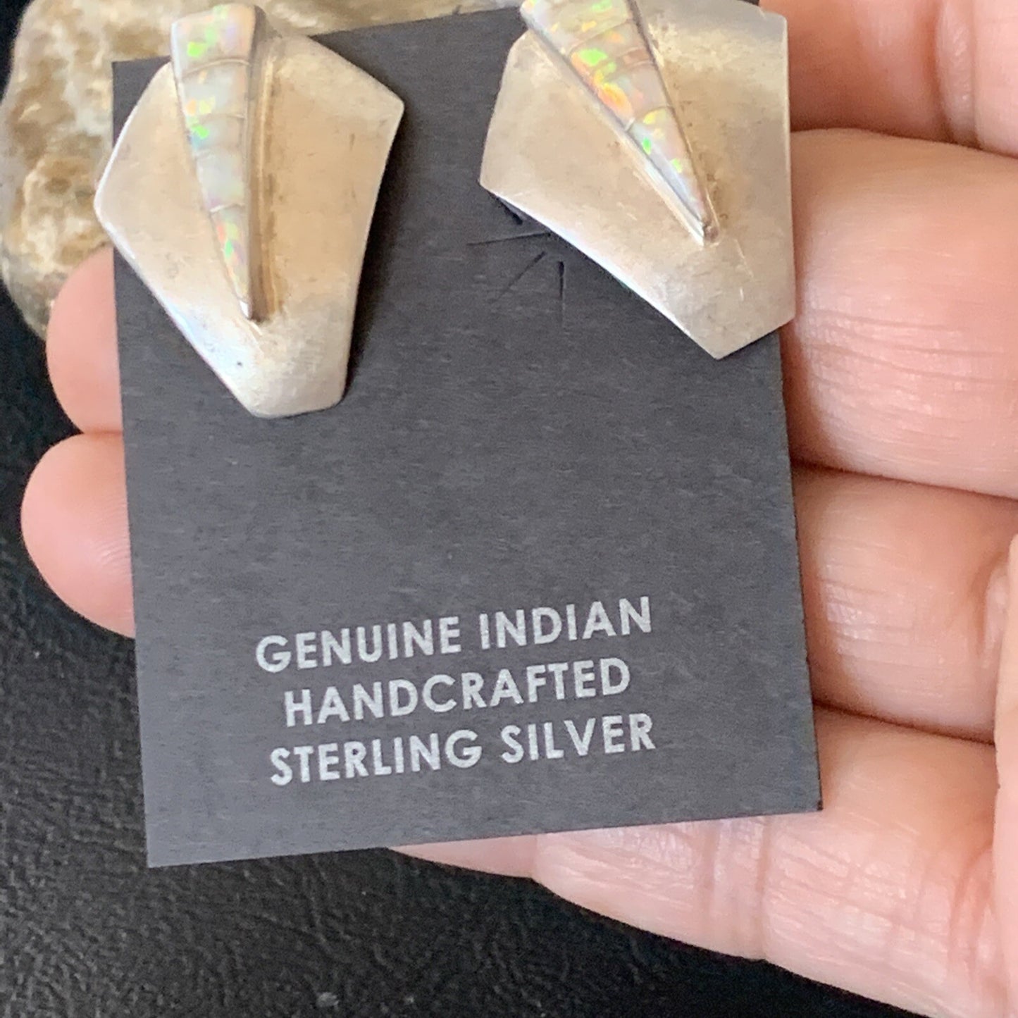 Womens White Opal Inlay Navajo Sterling Silver Dangle Post Earrings 0.5" 12766