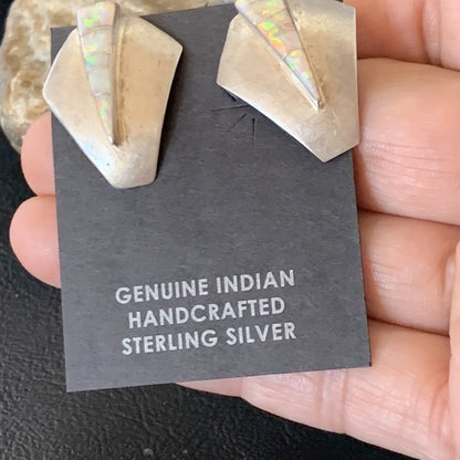 Womens White Opal Inlay Navajo Sterling Silver Dangle Post Earrings 0.5" 12766