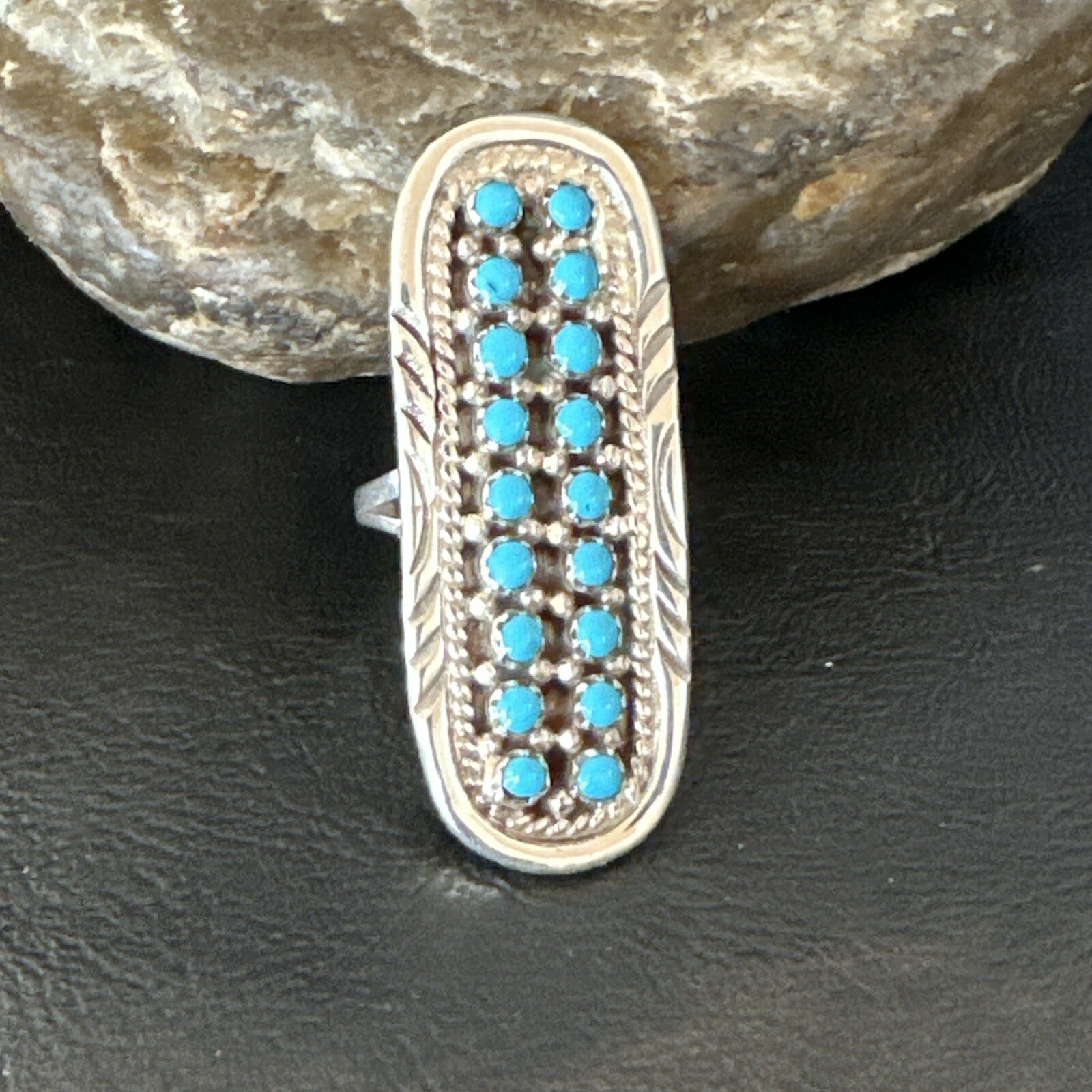 Blue Turquoise Zuni Sterling Silver Petite Point Cluster Ring Size 8.5 18792