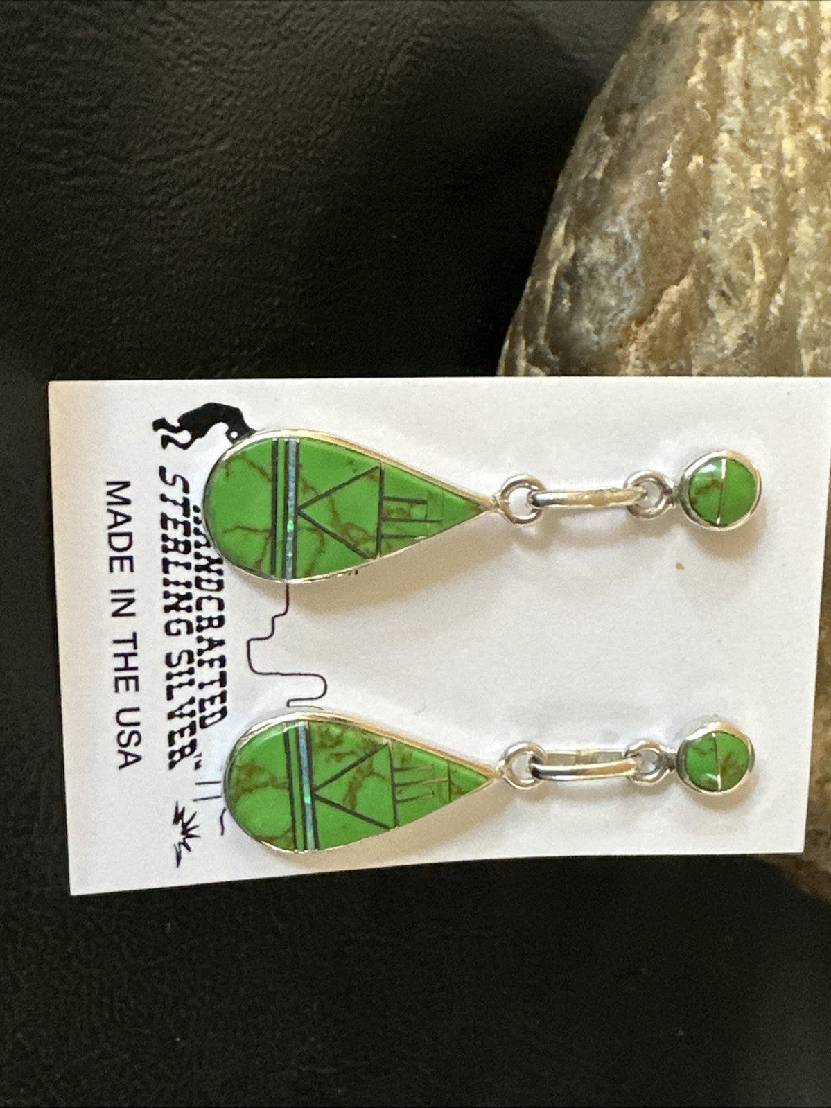 Green Gaspeite Southwestern Sterling Silver Inlay Earrings 1.5" 19154