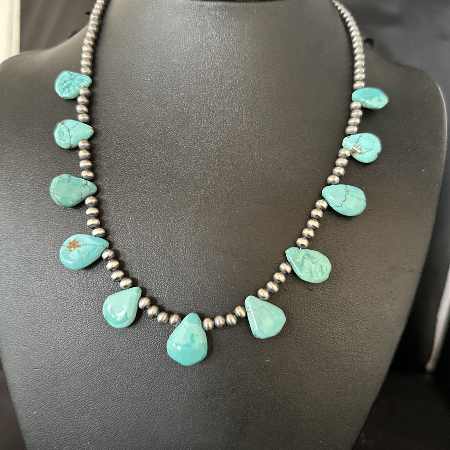 20in Teardrop Navajo Pearls Sterling Silver Blue Turquoise Necklace 14733
