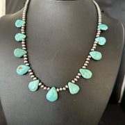 20"Teardrop Navajo Pearls Blue Turquoise Necklace | Sterling Silver | Authentic Native American Handmade | 14733