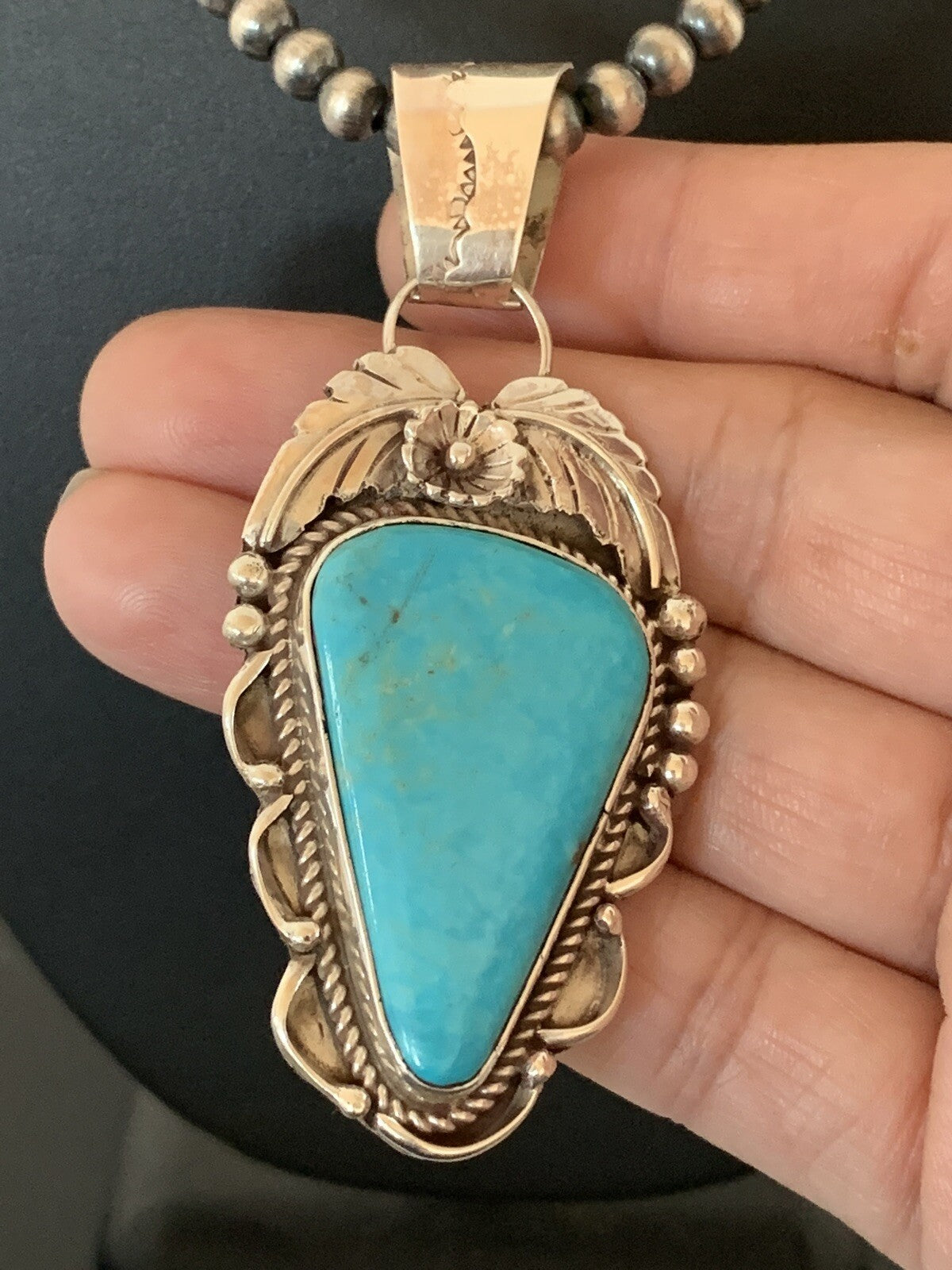 Blue Kingman Turquoise Pendant Navajo Pearls Sterling Silver Necklace 20" 00392