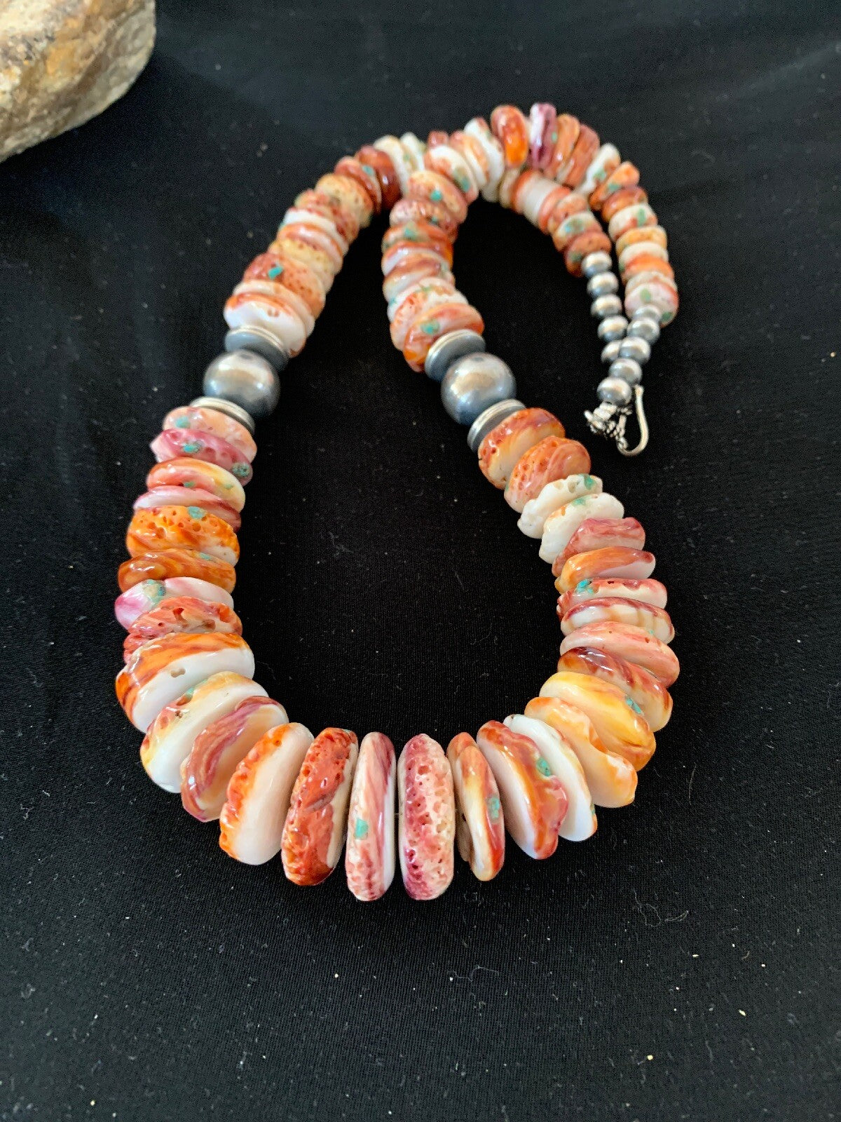 Native Red Spiny Oyster Navajo Pearls Sterling Silver Necklace 20" 03243