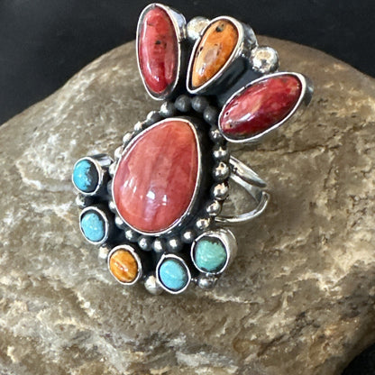 Cluster Blue Turquoise Spiny Oyster Sterling Silver Ring Size 7.5 18565