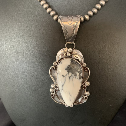 White Buffalo Turquoise Pendant Necklace Sterling Silver Navajo 13994