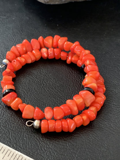 Memory wire Stainless Steel Coral Onyx Bead Bracelet Sterling Silver 01955