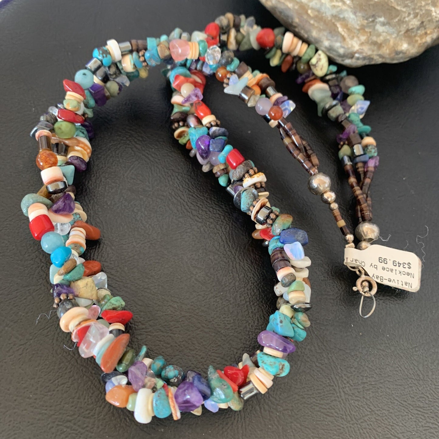 Turquoise & Coral 3 Strand Navajo Bead Sterling Silver Necklace 22” 10402