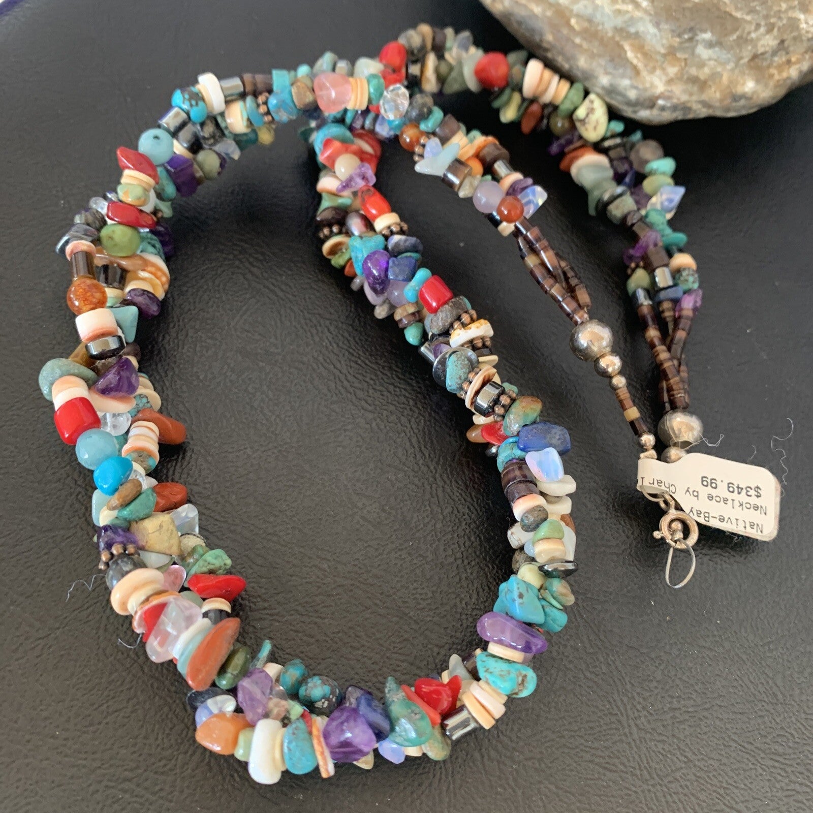 Turquoise & Coral 3 Strand Navajo Bead Sterling Silver Necklace 22” 10402