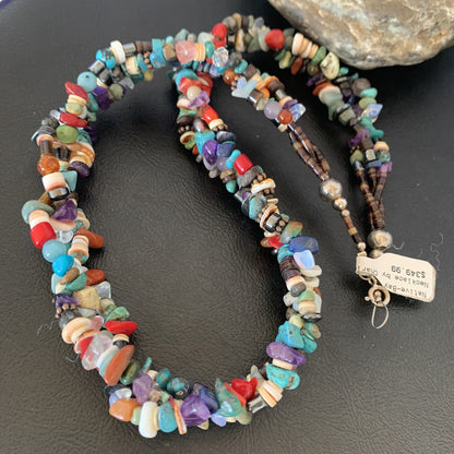 Turquoise & Coral 3 Strand Navajo Bead Sterling Silver Necklace 22” 10402