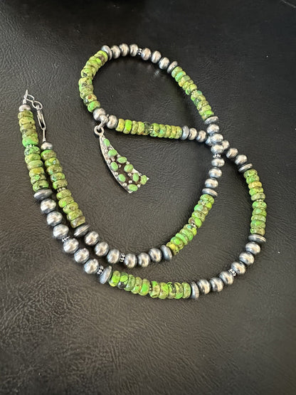 Womens Green Gaspeite Turquoise Pendant Navajo Sterling Silver Necklace 18369
