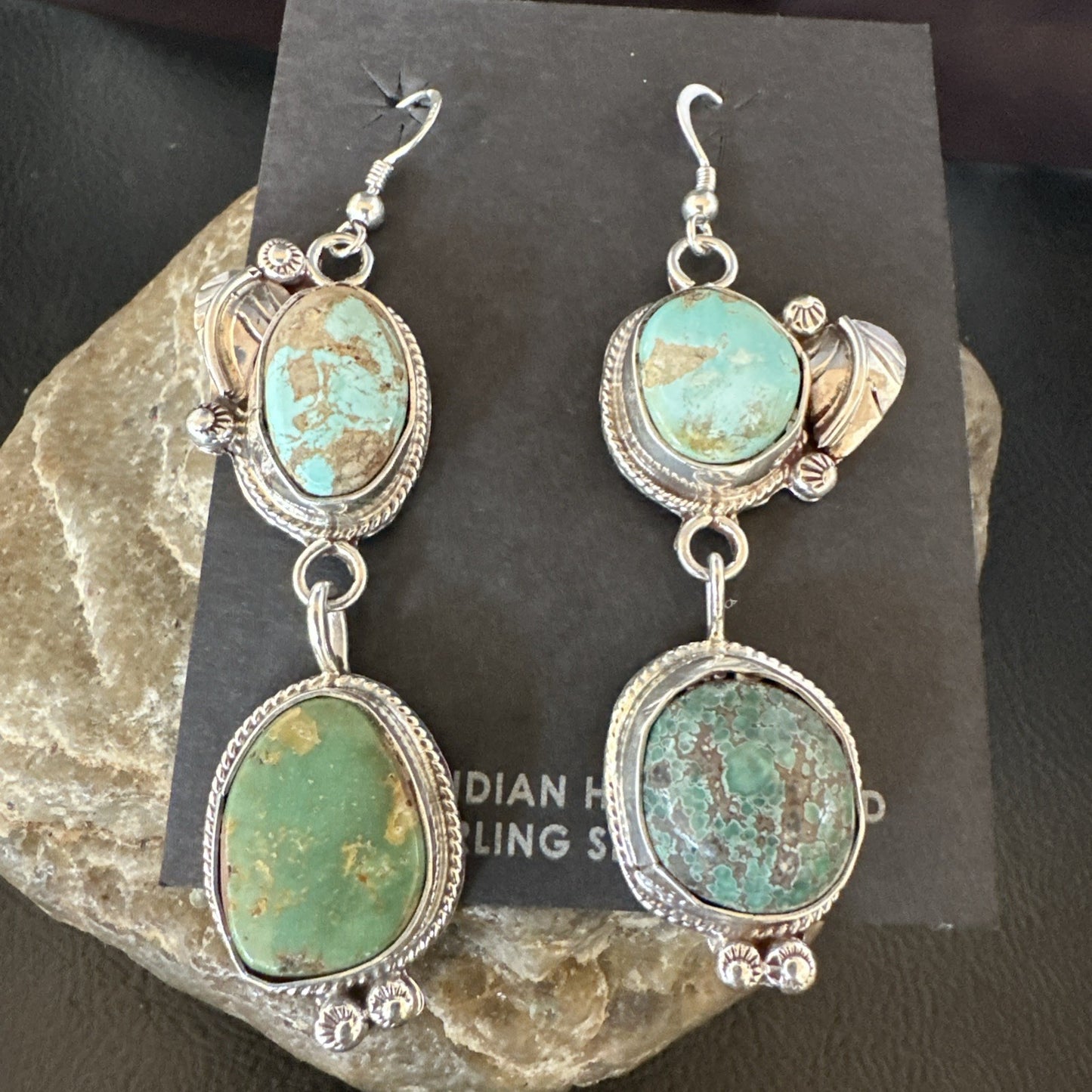 Green Royston Turquoise Navajo Sterling Silver Dangle Earrings 19602