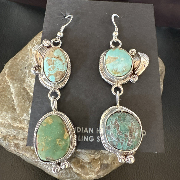 Green Royston Turquoise Navajo Dangle Earrings | Sterling Silver | Authentic Native American Handmade | 19602