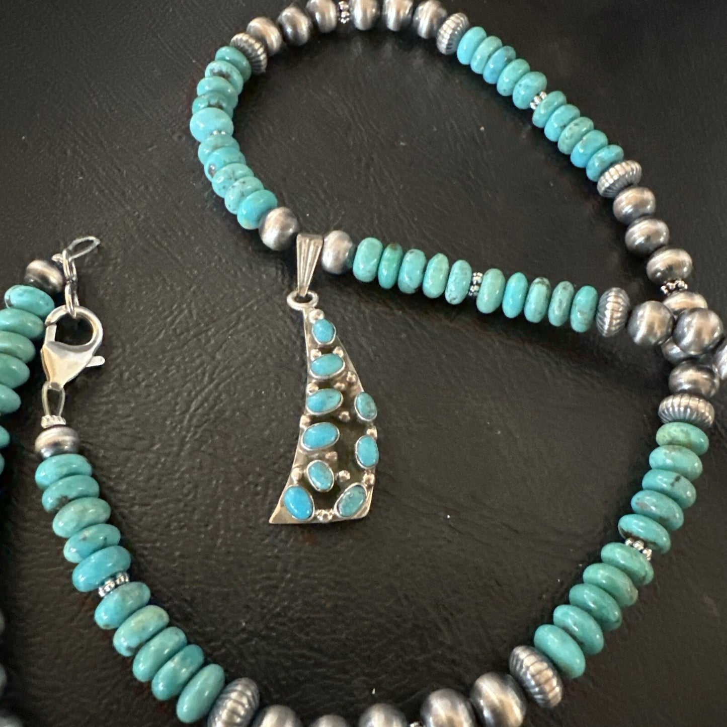 Mens Blue Turquoise Cluster Pendant Navajo Pearls Sterling Silver Necklace 17895