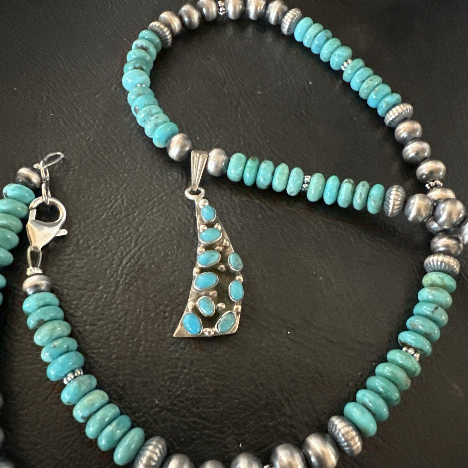 Mens Blue Turquoise Cluster Pendant Navajo Pearls Sterling Silver Necklace 17895