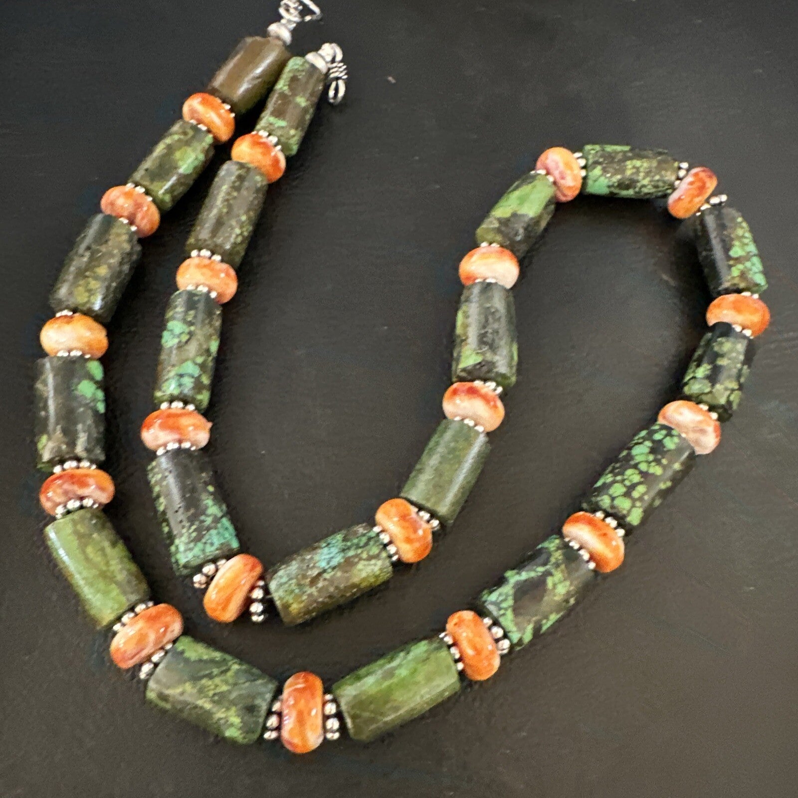 Green Turquoise Spiny Oyster Native Navajo Pearls Sterling Silver Necklace 14985