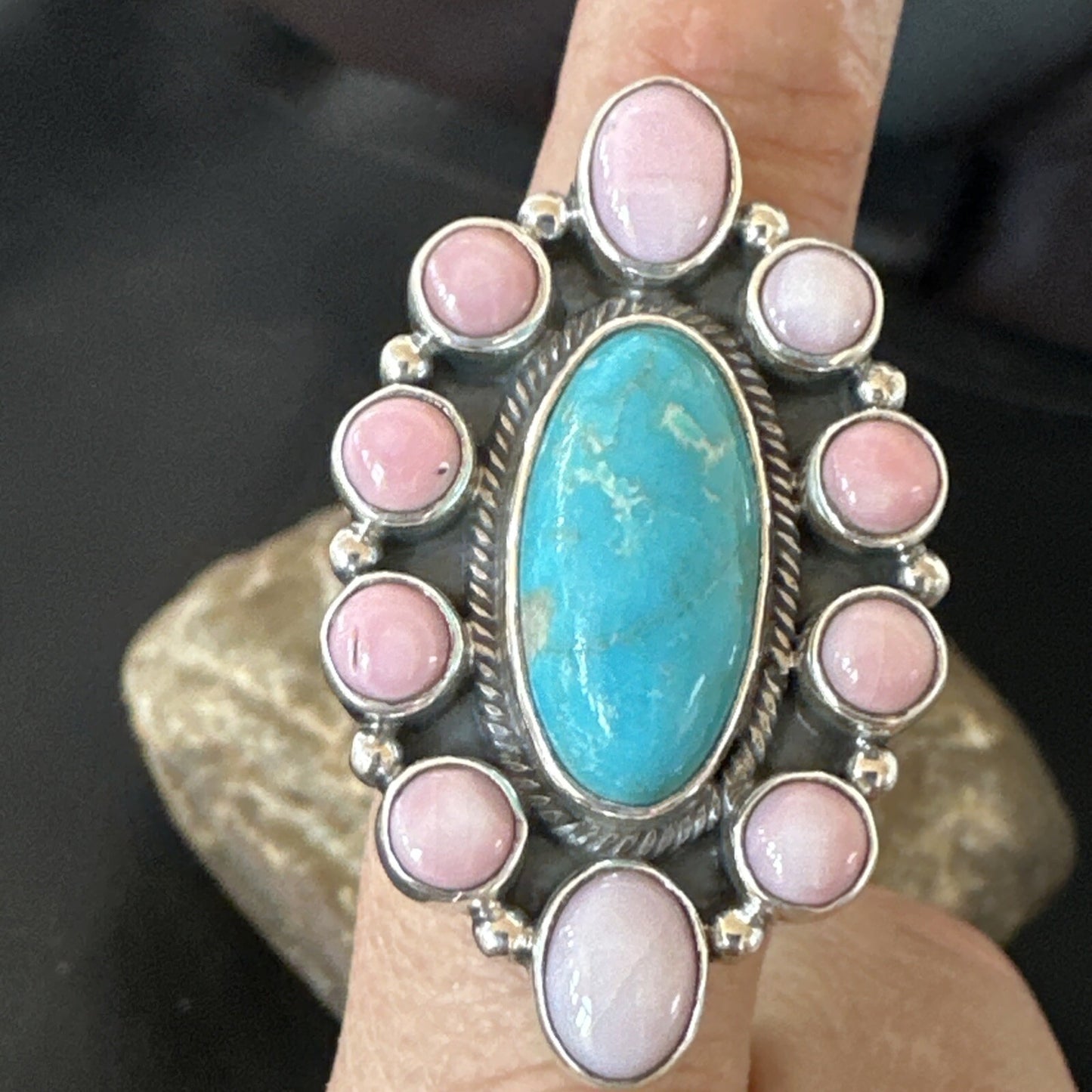 Cluster Ring Handmade Navajo Pink Conch Turquoise Sz 7 18789