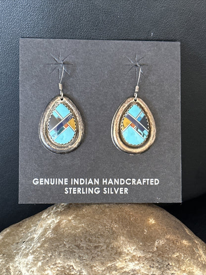 MultiColor Navajo Turquoise Spiny Oyster Inlay Sterling Silver Earrings 1" 14764