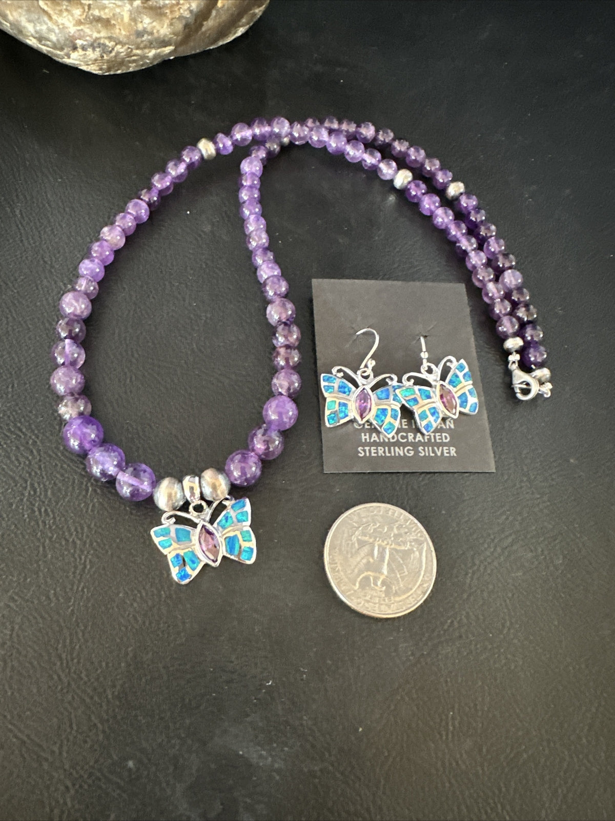 Butterfly Navajo Purple Amethyst Opal Sterling Silver Necklace Earrings 15299