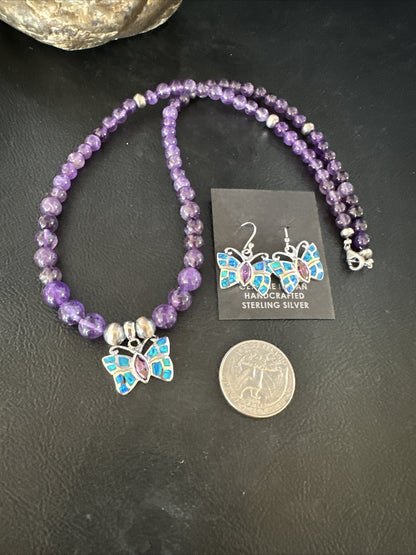Butterfly Navajo Purple Amethyst Opal Sterling Silver Necklace Earrings 15299