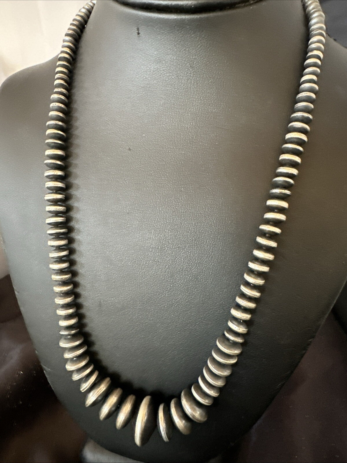 Graduated Rondelle Flat Sterling Silver Beads Necklace 21” 18830