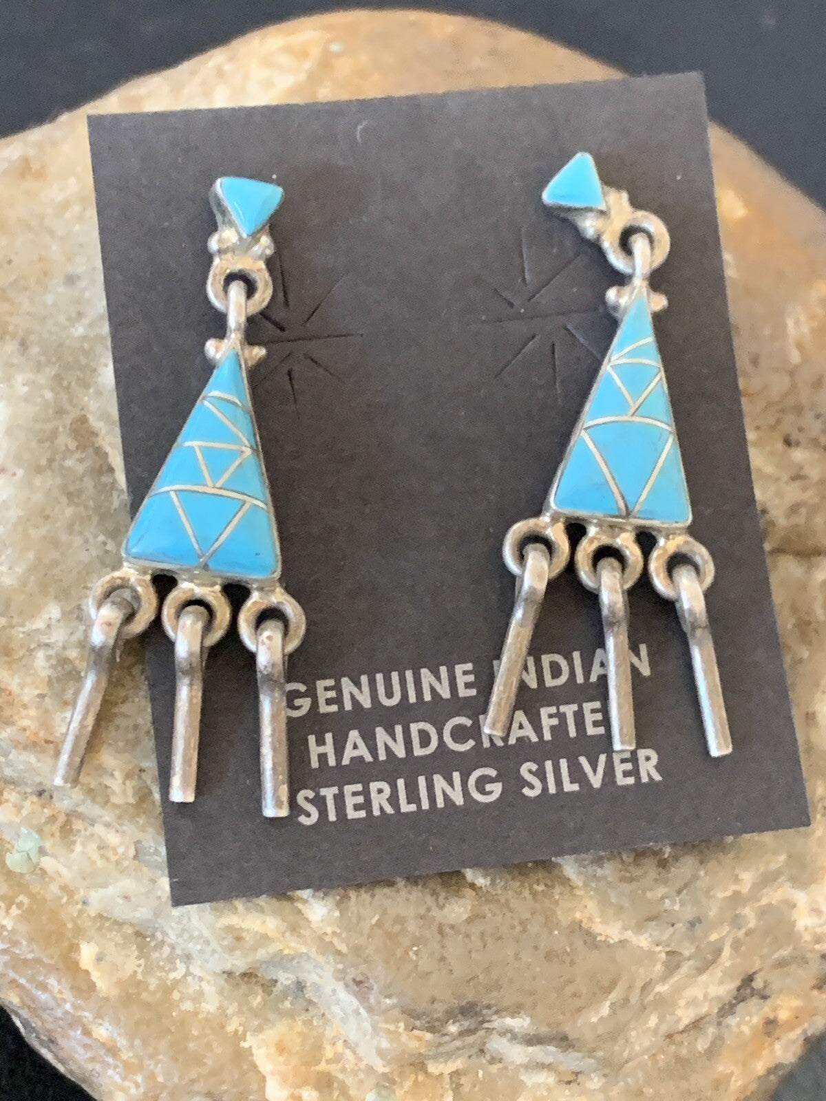 Blue Turquoise Inlay Zuni Sterling Silver Dangle Post Earrings 1.5" 12745