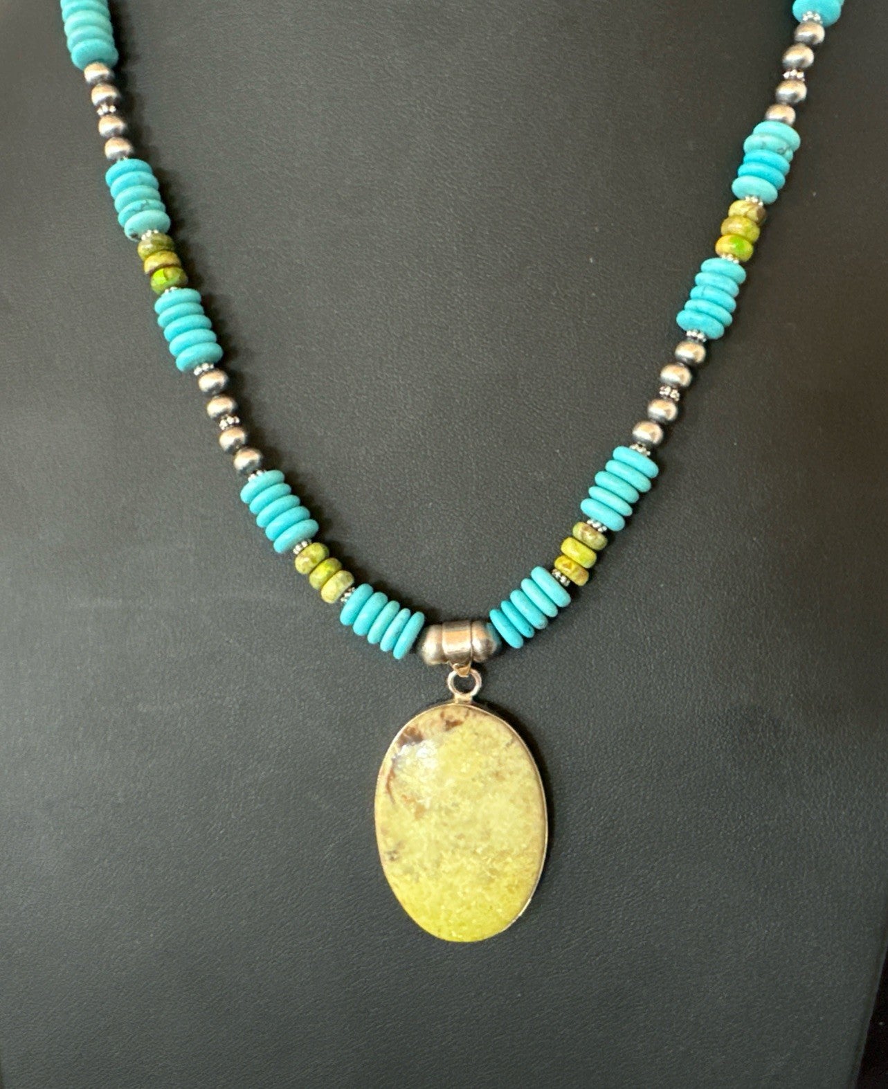 Green Gaspeite Pendant Blue Turquoise Navajo Sterling Silver Necklace 20" 19666