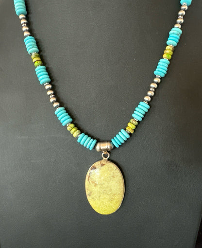 Green Gaspeite Pendant Blue Turquoise Navajo Sterling Silver Necklace 20" 19666