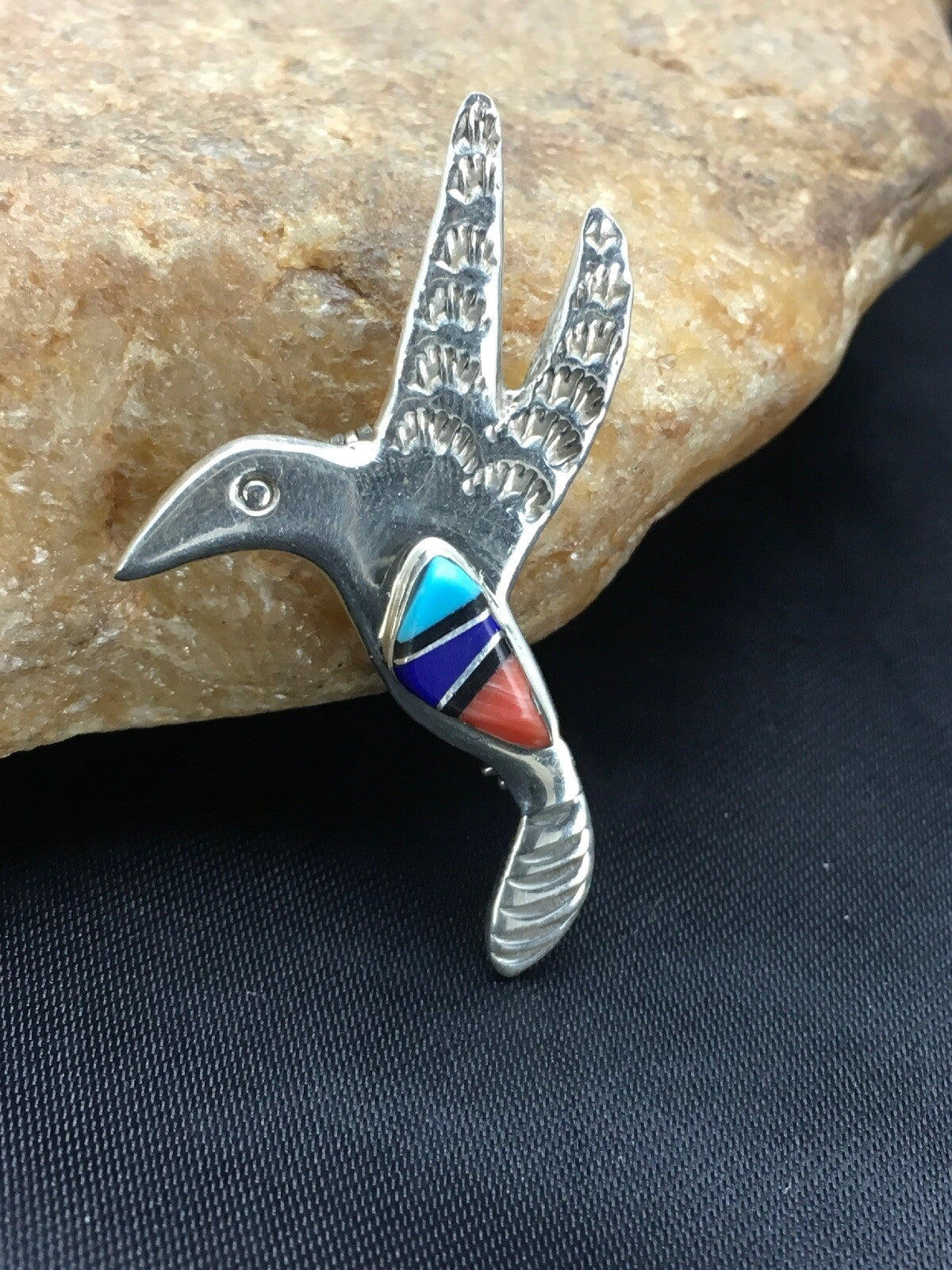 Turquoise Lapis & Coral Hummingbird Inlay Pin Navajo Sterling Silver 02900