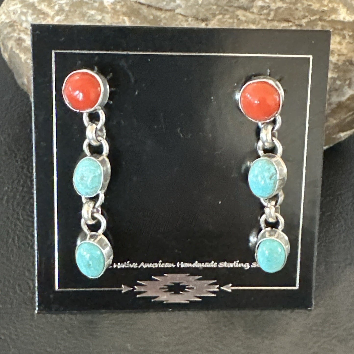 Blue Turquoise Red Spiny MultiColor Navajo Sterling Silver Inlay Earrings 18355